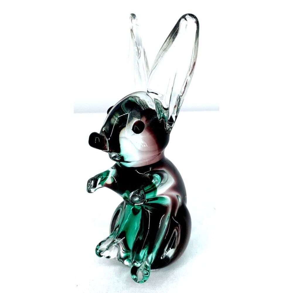 Murano Art Glass Bunny Rabbit Green Purple Long Ear 6" Derpy Vintage